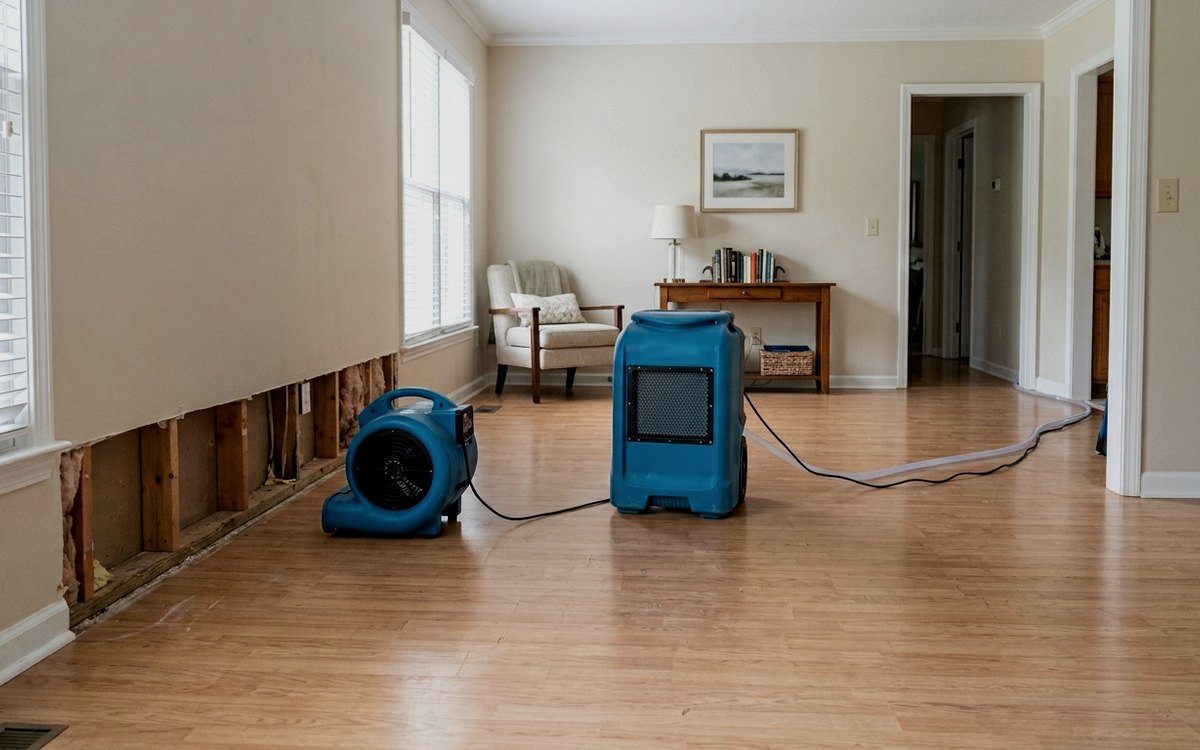 Air movers and dehumidifiers drying a room after water damage